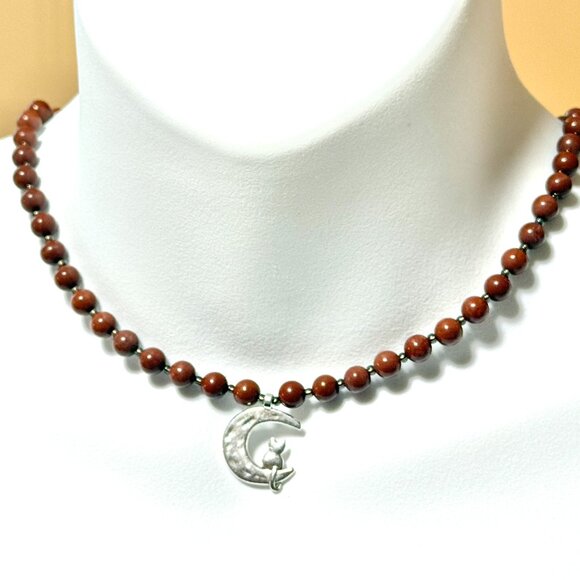 Genuine Red Jasper Short Necklace, Gemstone & Silver Cat on the Moon Charm - Picture 2 of 13